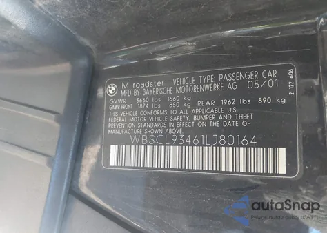 2001 BMW M from USA, damaged, VIN WBSCL93461LJ80164